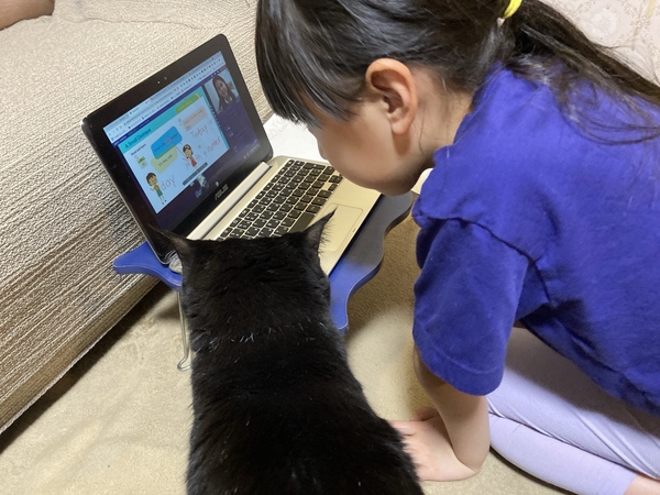 QQキッズのレッスン画面をのぞき込む猫と子供